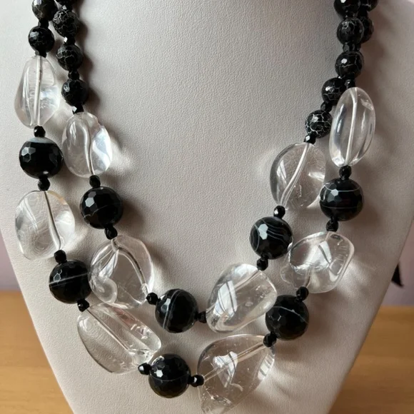 HUGE VINTAGE ROCK CRYSTAL & BANDED AGATE FACETED BEADS LONG CUSTOM MADE NECKLACE
